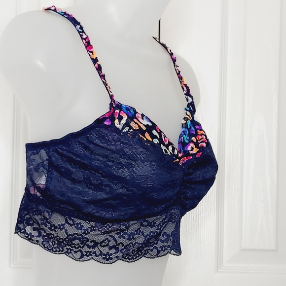 💟PINK Victoria's Secret bralette navy blue lace w/rainbow colored LARGE - Picture 14 of 14